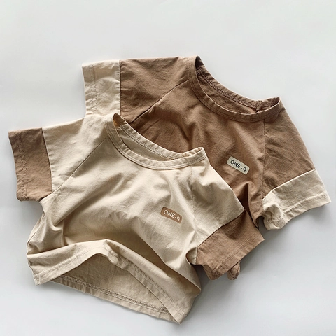 Kinderen Katoen Patchwork T-Shirt Zomer Korte Mouw Raglan Top Met Letter Patch Voor Jongens Meisjes Koreaanse Casual Stijl