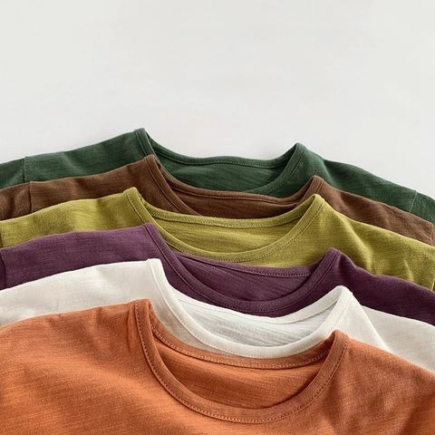 Kids Casual Slub Cotton Short Sleeve T-Shirt Solid Color Minimalist Round Neck Curved Hem Summer Top Boys Girls