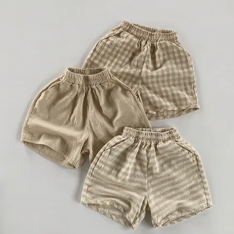 Summer Kids Breathable Cotton Shorts For Boys Girls Korean Style Casual Checkered Striped Loose Comfortable Short Pants
