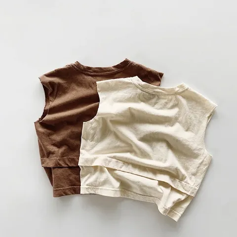 Kinder Ärmelloses Baumwolle Tanktop Jungen Mädchen Sommer Dünn Atmungsaktiv Rundhals Weste Mit Tasche Koreanischer Stil Basic Top