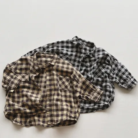 Camicia a Quadri in Cotone per Bambini Manica Lunga Stile Coreano Casual Ampia Giacca Con Bottoni Rever E Doppie Tasche