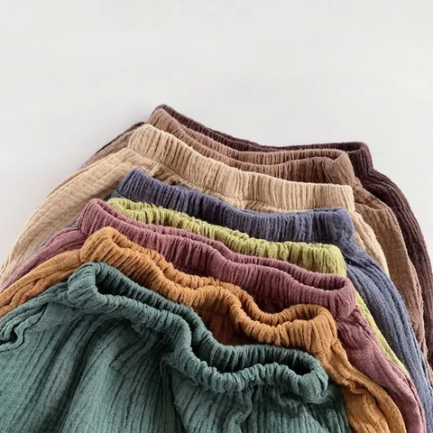 Kids Retro Cotton Gauze Anti Mosquito Pants Boys Girls Korean Style Elastic Waist Crinkled Muslin Long Trousers Solid Color