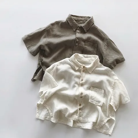 Korean Style Children Short Sleeve Cotton Shirt Summer Minimalist Lapel Button Down Top For Boys Girls Casual Daily Wear