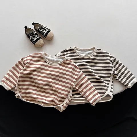 Maglietta a Maniche Lunghe a Righe per Bambini in Cotone Girocollo Pullover Morbido Traspirante Casual Autunno Top per Ragazzi e Ragazze