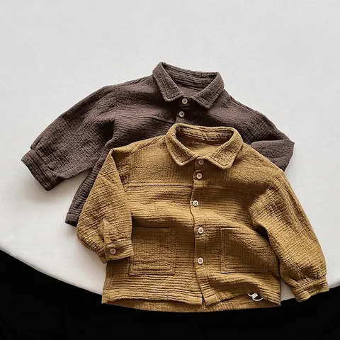 Kids Double Layer Cotton Jacket Korean Style Long Sleeve Crinkle Texture Lapel Outerwear Coat For Boys Girls Spring Autumn