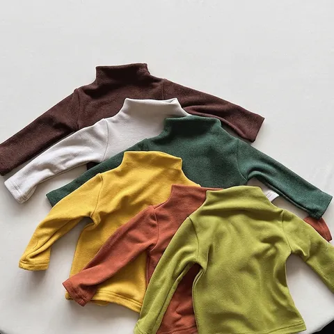Kids Unisex Mock Neck Warm Top Polyester Fleece Long Sleeve Base Shirt Korean Style Autumn Winter Solid Color Top