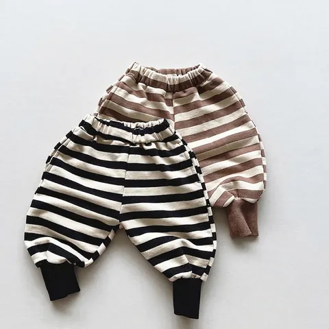 Unisex Kids Cotton Striped Harem Pants Casual Elastic Waist Ribbed Cuffs Striped Trousers For Autumn Boys Girls Clothing