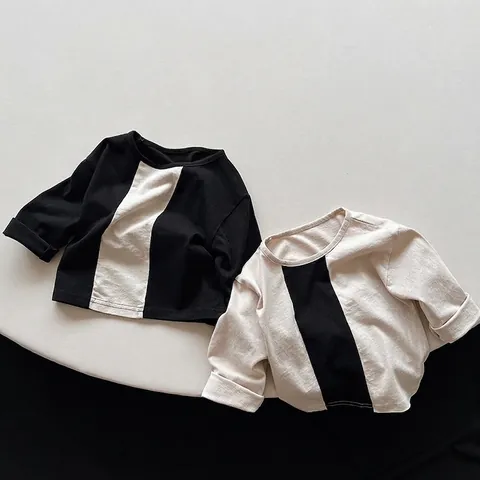 Kinderen Katoen Lange Mouw T-Shirt Koreaanse Stijl Kleurblok Patchwork Ronde Hals Tee Voor Peuter Jongens Meisjes Casual Ondershirt