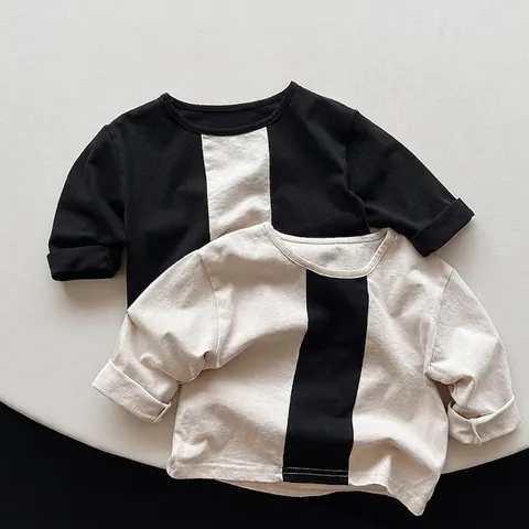 Kinderen Katoen Lange Mouw T-Shirt Koreaanse Stijl Kleurblok Patchwork Ronde Hals Tee Voor Peuter Jongens Meisjes Casual Ondershirt
