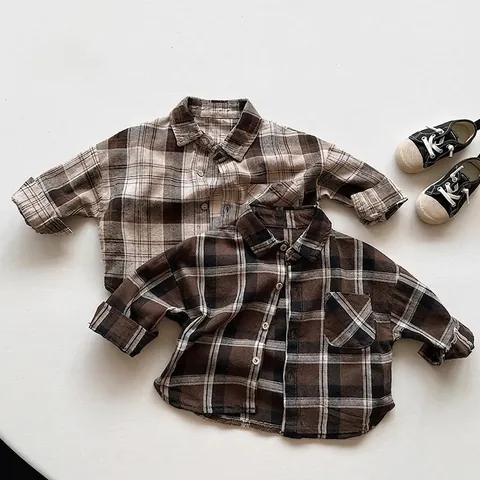Kids Plaid Cotton Long Sleeve Shirt Korean Retro Style Toddler Boys Girls Button Down Checkered Top Autumn Clothing