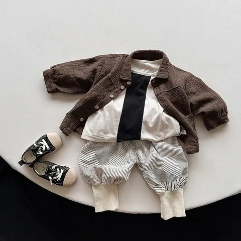 Kids Double Layer Cotton Jacket Korean Style Long Sleeve Crinkle Texture Lapel Outerwear Coat For Boys Girls Spring Autumn