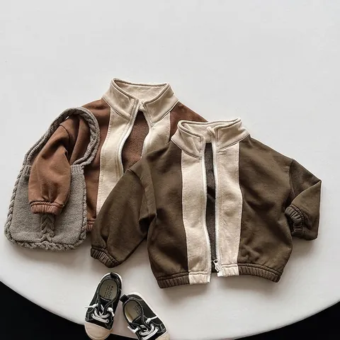 Koreaanse Stijl Contrastkleur Kinderjas Staande Kraag Rits Sweatshirt Peuters Jongens Meisjes Herfst Casual Gebreide Jas