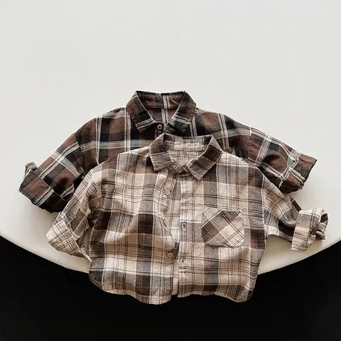 Kids Plaid Cotton Long Sleeve Shirt Korean Retro Style Toddler Boys Girls Button Down Checkered Top Autumn Clothing