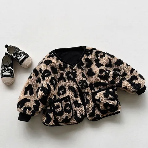 Giacca in Pile Leopardata per Bambini Invernale Calda Ispessita Cardigan Cappotto in Pelliccia Sintetica Unisex