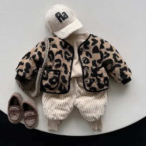 Giacca in Pile Leopardata per Bambini Invernale Calda Ispessita Cardigan Cappotto in Pelliccia Sintetica Unisex