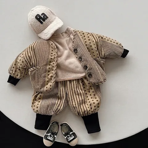 Kids Thickened Khaki Harem Pants Polka Dot Stripe Patchwork Cuffed Toddler Winter Warm Cotton Trousers For Boys Girls