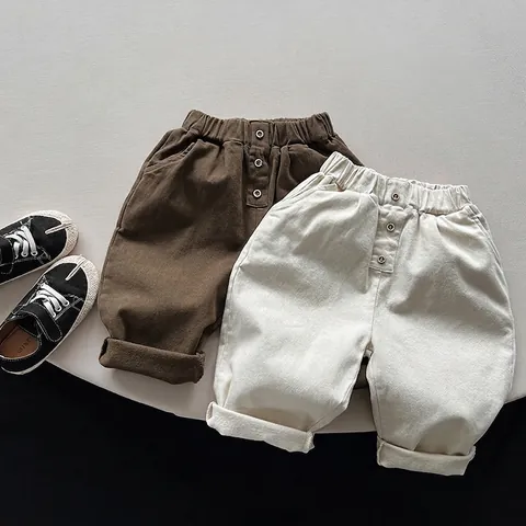 Pantalones Casuales de Algodón Estilo Coreano para Niños Con Forro Cepillado Cálido Otoño Invierno Color Sólido Cintura Elástica