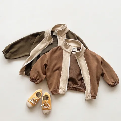 Koreaanse Stijl Contrastkleur Kinderjas Staande Kraag Rits Sweatshirt Peuters Jongens Meisjes Herfst Casual Gebreide Jas