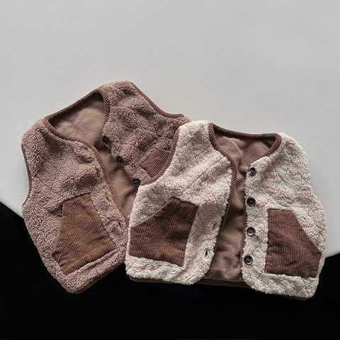Kinder Sherpa Fleece Bodywarmer Contrastkleur Corduroy Zak Warme Mouwloze Jas Voor Jongens Meisjes Peuters Winter