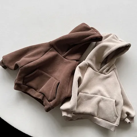 Kids Korean Style Warm Fleece Hooded Pullover Hoodie Cotton Polyester Integrated Fleece Solid Color Hoodie For Boys Girls