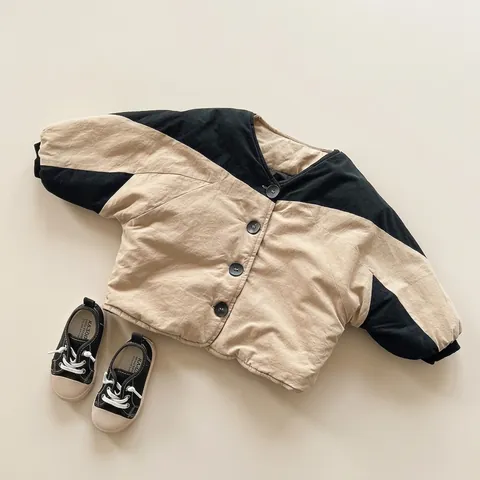 Kinderen Winter Gevoerde Jas Kleurblok Knoppen Warme Jas Voor Jongens Meisjes Koreaanse Stijl Retro Dikke Bovenkleding