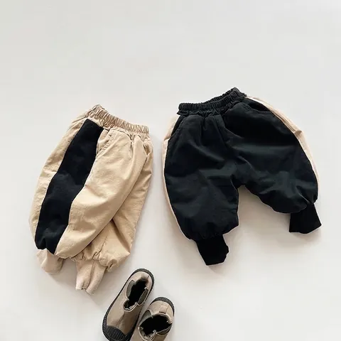 Kinderen Winter Fleece Gevoerd Dikke Casual Broek Koreaanse Stijl Kleurblokkering Contrast Katoenen Joggingbroek Voor Jongens Meisjes