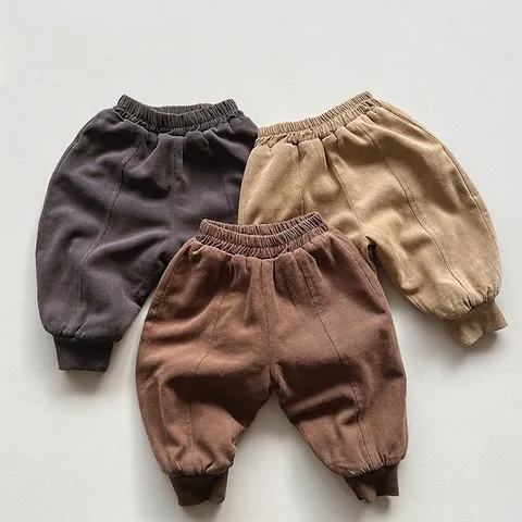 Winter Thickened Fleece Children Jogger Pants Korean Retro Solid Color Cotton Harem Trousers For Boys Girls Unisex Casual Warm Bottoms