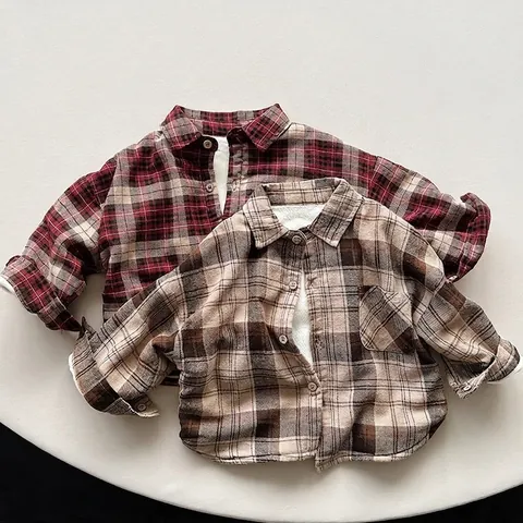 Camicia a Quadri Foderata in Pile Invernale per Bambini Casual Stile Coreano in Cotone a Manica Lunga con Bottoni per Ragazzi Ragazze