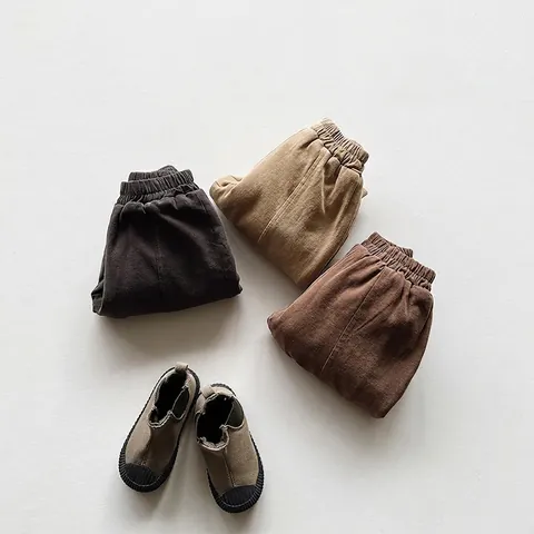 Winter Thickened Fleece Children Jogger Pants Korean Retro Solid Color Cotton Harem Trousers For Boys Girls Unisex Casual Warm Bottoms