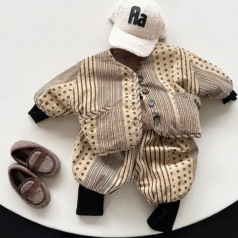 Giacca di Cotone Ispessita per Bambini Stile Coreano Pois Righe Giuntura Scollo a V Caldo Fodera in Lana Invernale