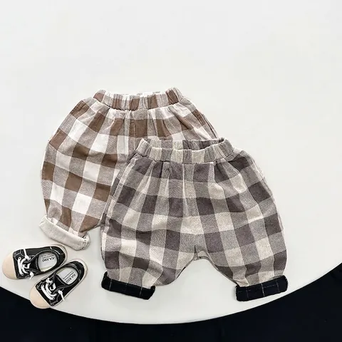 Kids Cotton Checkered Harem Pants Boys Girls Casual Loose Plaid Trousers Vintage Elastic Waist Grid Pants Spring Summer Clothing