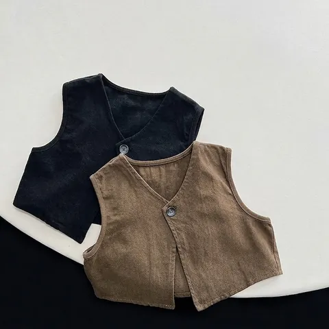 Gilet en Coton pour Enfants Col en V Style Japonais Coréen Simple Vintage Couleur Unie Pour Garçons et Filles