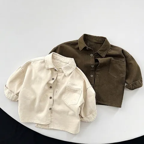 Camicia a Maniche Lunghe in Cotone Rétro per Bambini Stile Coreano Casual Unisex con Bottoni e Revers per Ragazzi e Ragazze