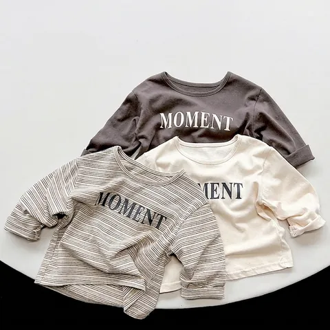Kids Cotton Long Sleeve T-Shirt Korean Style Round Neck Letter Print Top For Boys Girls Spring Autumn Versatile Basic Tee
