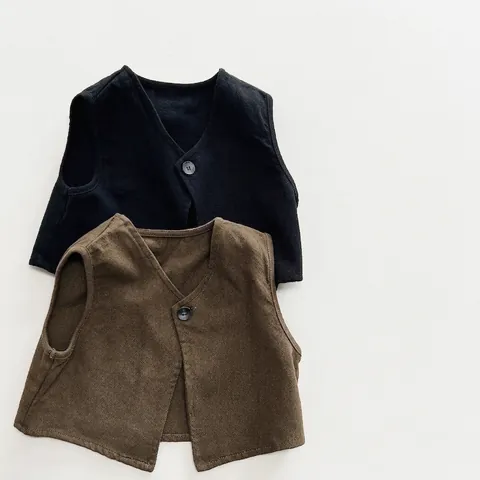 Gilet en Coton pour Enfants Col en V Style Japonais Coréen Simple Vintage Couleur Unie Pour Garçons et Filles