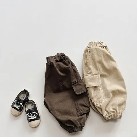 Kids Cargo Pants Retro Korean Style Toddler Boys Girls Casual Multi-Pocket Elastic Waist Cotton Trousers For Spring Autumn