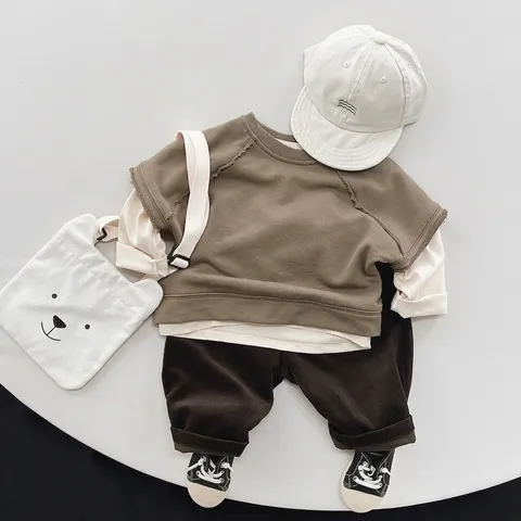 Gilet Pullover per Bambini in Cotone Stile Coreano Tinta Unita Manica Raglan Bordo a Taglio Vivo Felpa Senza Maniche