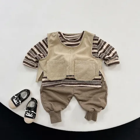 Kids Cotton Workwear Vest Multi-Pocket Korean Style Vintage Sleeveless Waistcoat For Boys Girls Spring Autumn Pullover Top