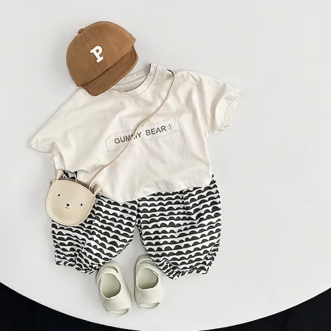 Pantaloni a Lanterna in Cotone per Bambini con Motivo a Onde Estivi Ampi Stile Coreano Morbidi Traspiranti Harem per Bimbi