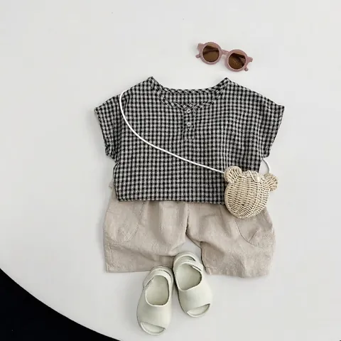 Unisex Kinder Sommer Baumwolle Karo Kurzarm Top Koreanischen Stil Rundhals Knopf Baby Kleinkind Gingham Bluse Casual