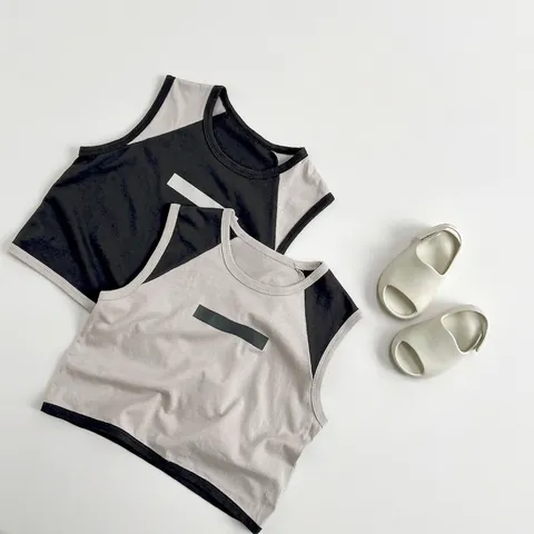 Koreaanse Stijl Kinderen Kleurblok Tank Top Zomer 100% Katoen Trendy Casual Mouwloos T-Shirt Voor Jongens En Meisjes Dagelijks