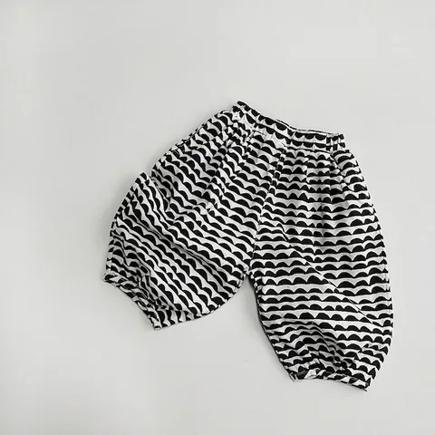 Pantaloni a Lanterna in Cotone per Bambini con Motivo a Onde Estivi Ampi Stile Coreano Morbidi Traspiranti Harem per Bimbi
