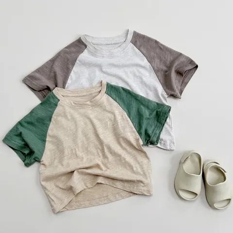 Kinder T-Shirt met Raglanmouwen en Kleurblokken 100% Katoen Korte Mouw Losjes Casual Zomer Top Voor Jongens Meisjes