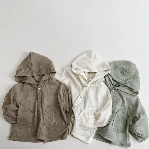 Kids Hooded Sun Protection Jacket Lightweight Breathable Thin Coat For Boys Girls Summer Nylon Casual Outerwear With Large Pockets