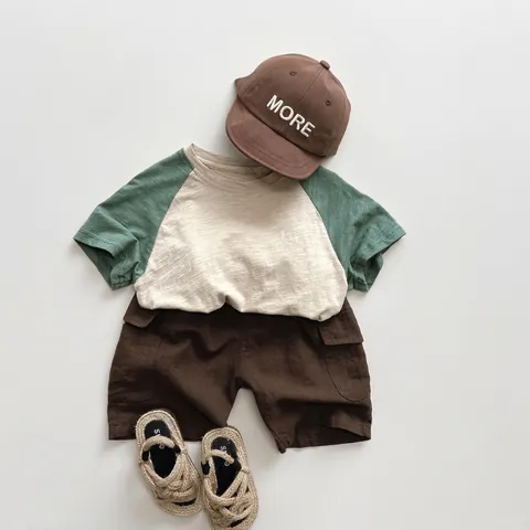 Kinder T-Shirt met Raglanmouwen en Kleurblokken 100% Katoen Korte Mouw Losjes Casual Zomer Top Voor Jongens Meisjes
