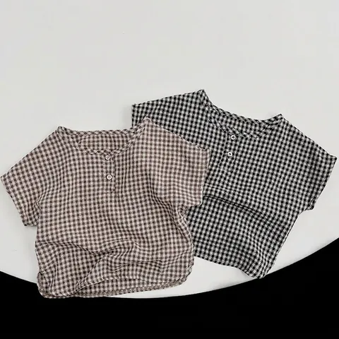 Unisex Kinder Sommer Baumwolle Karo Kurzarm Top Koreanischen Stil Rundhals Knopf Baby Kleinkind Gingham Bluse Casual