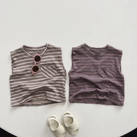 Kinder Gestreiftes Baumwolle Tanktop Ärmellos Rundhals Weste Mit Tasche Atmungsaktiv Sommer Casual Kleidung