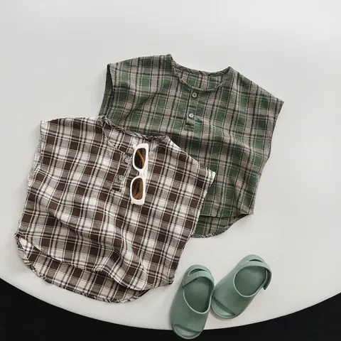 Mouwloos Geruit Katoenen Vest voor Kinderen Koreaanse Stijl Zomer Ademend Tanktop voor Peuters Jongens Meisjes Casual Outfits