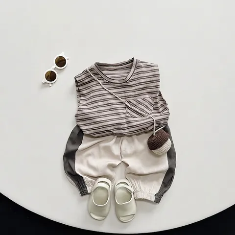 Kinder Gestreiftes Baumwolle Tanktop Ärmellos Rundhals Weste Mit Tasche Atmungsaktiv Sommer Casual Kleidung