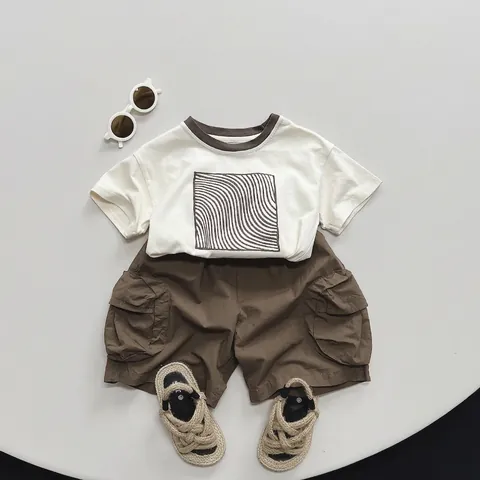 Kids Summer Cotton Cargo Shorts Boys Girls Casual Elastic Waist Solid Color Pants With Multi Pockets Toddler Baby Loose Bottoms